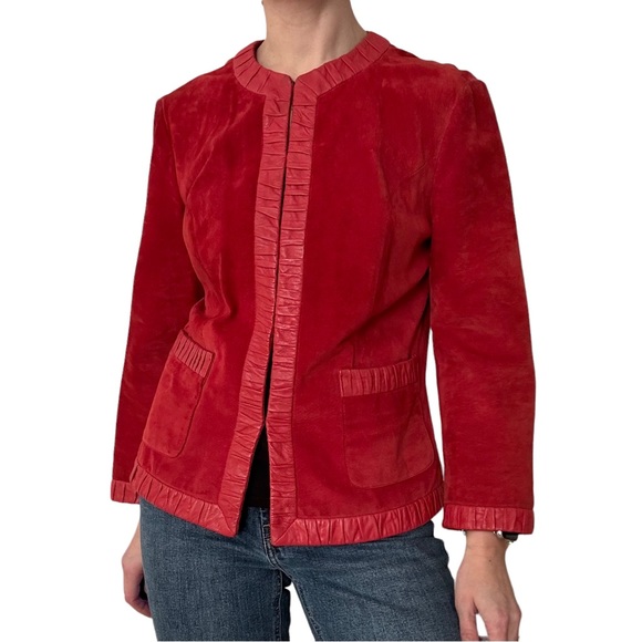 NEIMAN MARCUS RED SUEDE LEATHER JACKET WITH PLEATED LEATHER